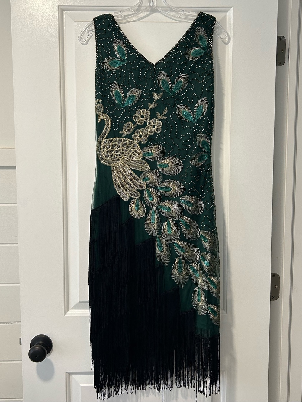 Embellished Emerald Green Midi Dress with Gold Peacock Appliqué